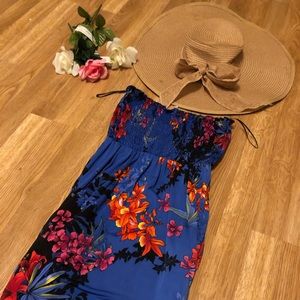 Strapless floral boho blue summer maxi dress